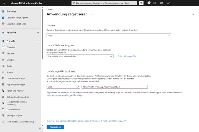 Microsoft Entra, Anwendung registrieren mit Name onyo und Web-Umleitungs-URI