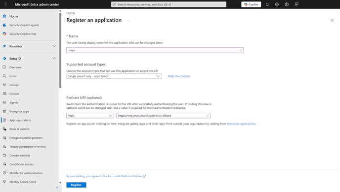 Microsoft Entra, Register an application with name onyo and a Web redirect URI