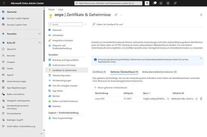 Microsoft Entra, Zertifikate und Geheimnisse mit neu erstelltem geheimen Clientschlüssel und sichtbarem Wert