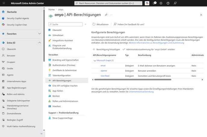 Microsoft Entra, API-Berechtigungen mit delegierten Berechtigungen openid und email