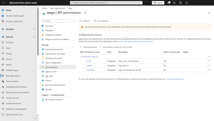 Microsoft Entra, API permissions with delegated permissions openid and email
