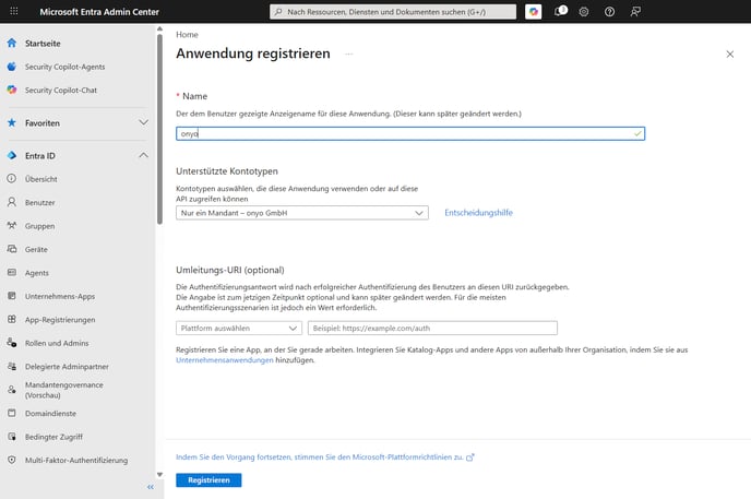 Microsoft Entra, Anwendung registrieren mit Name onyo
