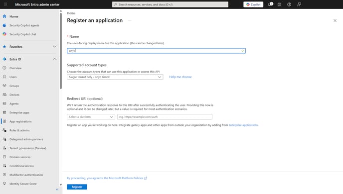 Microsoft Entra, Register an application with name onyo