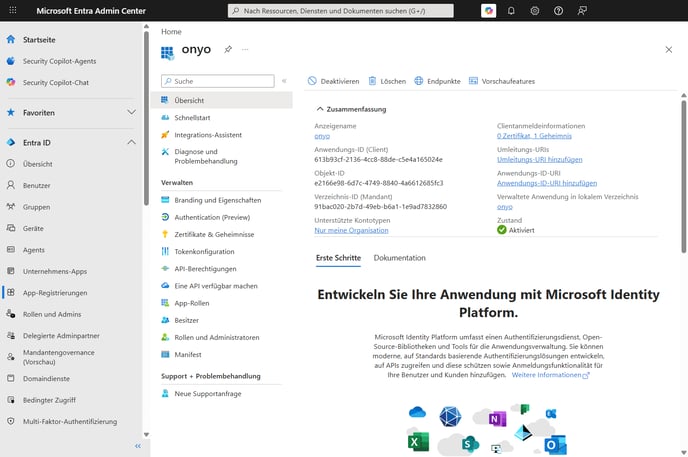 Microsoft Entra, Übersicht der Anwendung mit Verzeichnis-ID (Mandant) und Anwendungs-ID (Client)