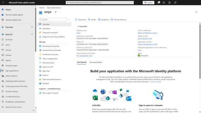 Microsoft Entra, application Overview with Directory (tenant) ID and Application (client) ID