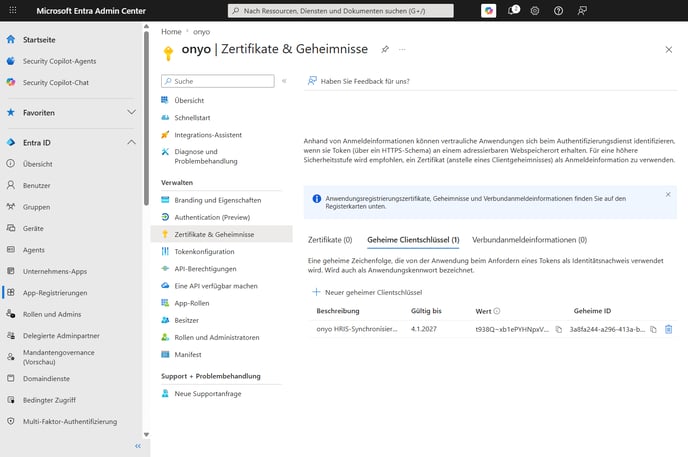 Microsoft Entra, Zertifikate und Geheimnisse mit neu erstelltem geheimen Clientschlüssel und sichtbarem Wert