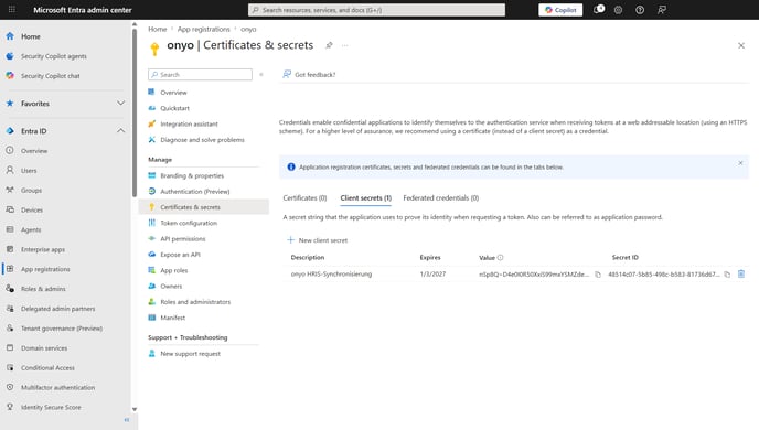 Microsoft Entra, Certificates & secrets with a newly created client secret and visible value