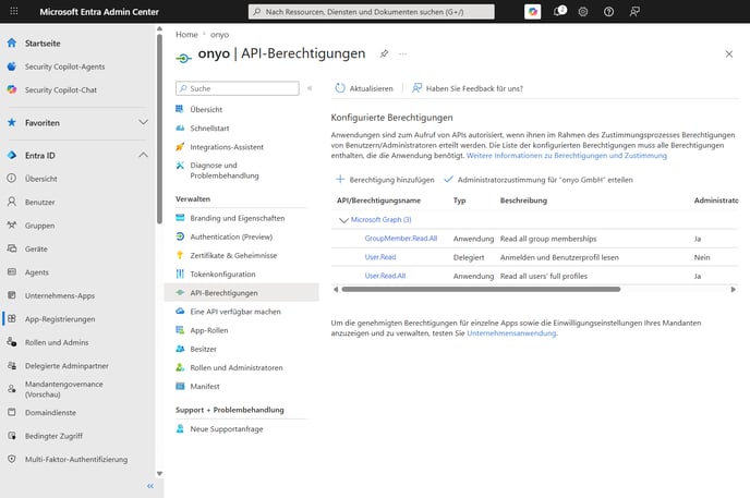 Microsoft Entra, API-Berechtigungen mit User.Read.All und GroupMember.Read.All, Administratorzustimmung gewährt