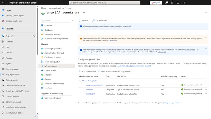 Microsoft Entra, API permissions with User.Read.All and GroupMember.Read.All, admin consent granted