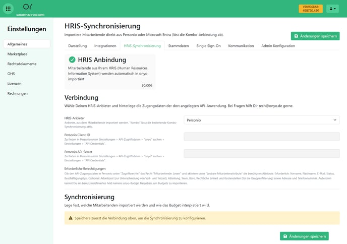 onyo HRIS-Synchronisierung mit HRIS-Anbieter Personio und noch leeren Zugangsdaten