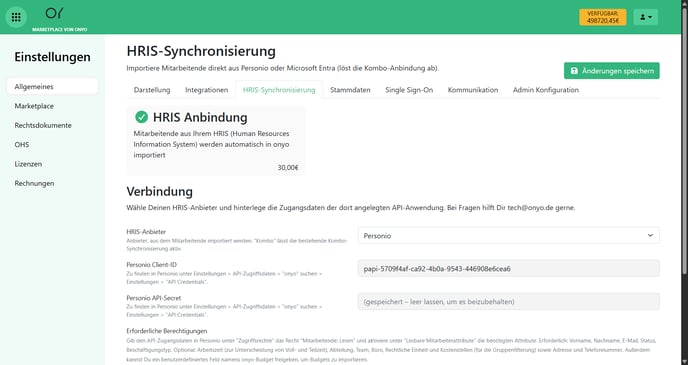 onyo Verbindung mit ausgefüllter Personio Client-ID und API-Secret