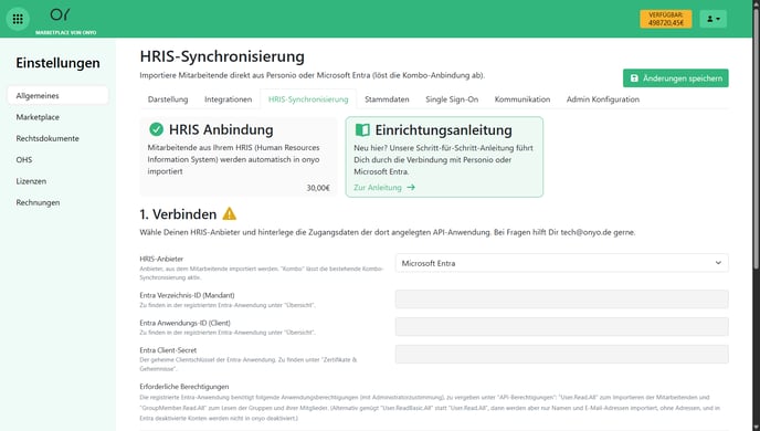 onyo HRIS-Synchronisierung mit HRIS-Anbieter Microsoft Entra und noch leeren Zugangsdaten