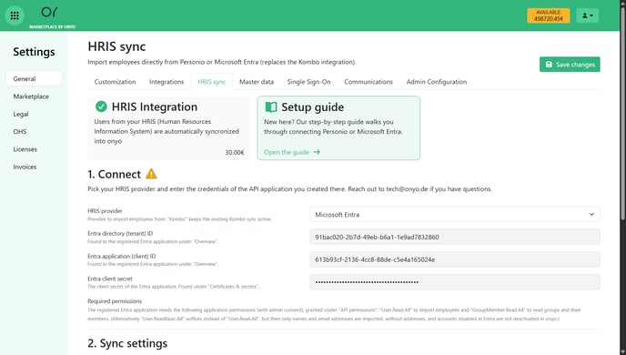 onyo connection with filled in Entra directory (tenant) ID, application (client) ID and client secret