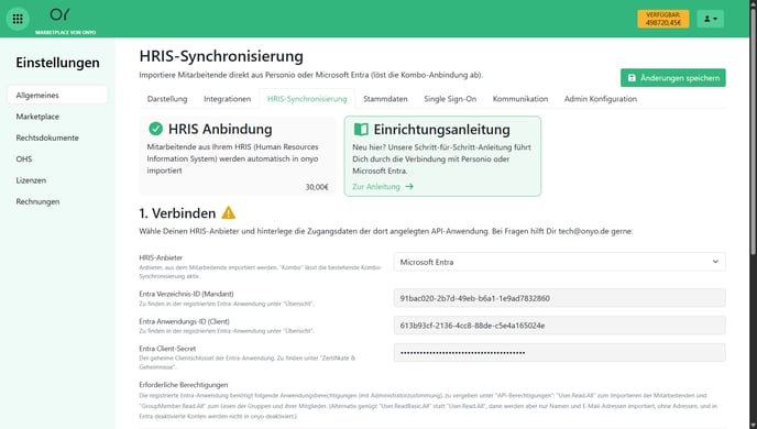 onyo Verbindung mit ausgefüllter Entra Verzeichnis-ID (Mandant), Anwendungs-ID (Client) und Client-Secret