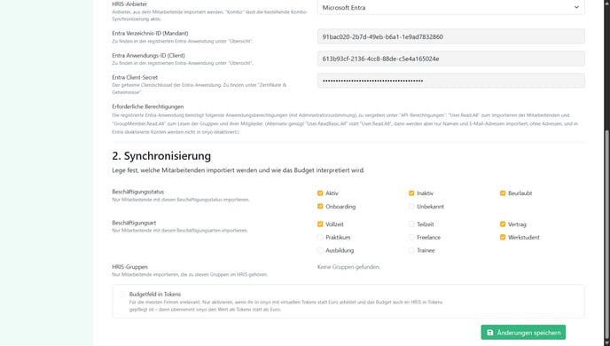 onyo Synchronisierungseinstellungen mit Beschäftigungsstatus, Beschäftigungsart und Budgetfeld