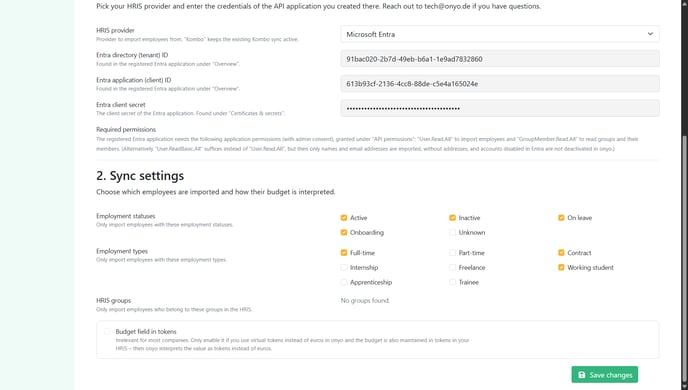 onyo sync settings with employment statuses, employment types and budget field