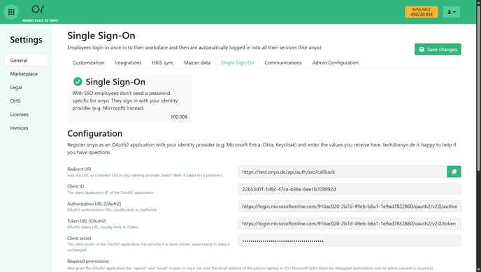 onyo single sign-on configuration with redirect URI and copy button