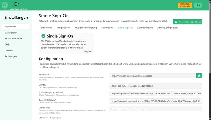onyo Single Sign-On Konfiguration mit Redirect-URI und Kopier-Button