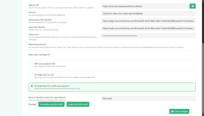 onyo login mode selection with identity provider name and login button preview