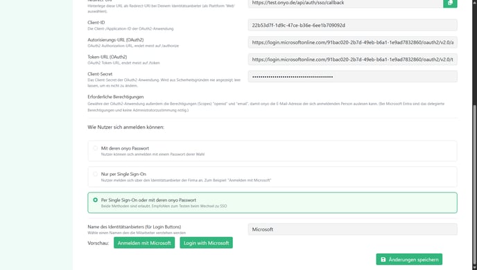 onyo Anmeldemodus-Auswahl mit Name des Identitätsanbieters und Login-Button-Vorschau