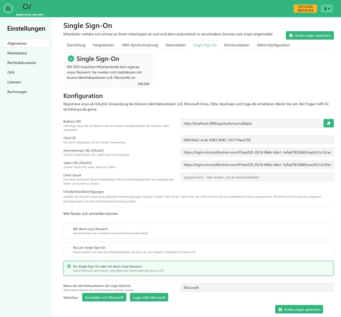 onyo Single-Sign-On-Einstellungen mit Konfiguration, Berechtigungen und Anmeldemodus