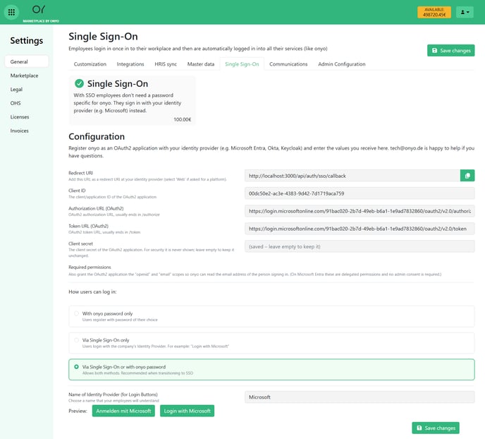 onyo single sign-on settings with configuration, permissions and login mode