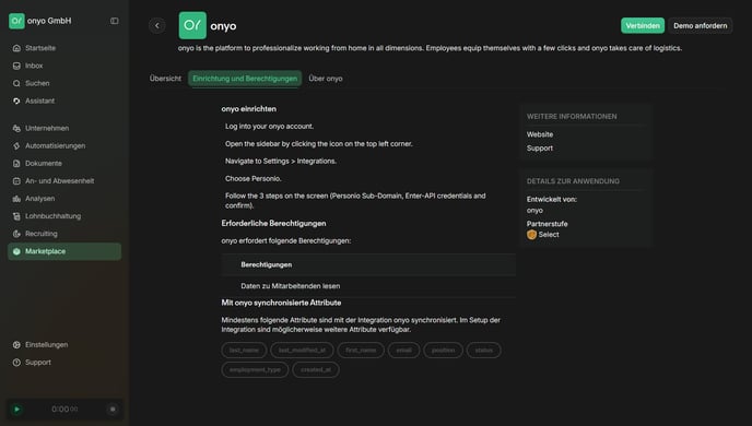Personio, onyo-Integration, benötigte Berechtigung und synchronisierte Attribute