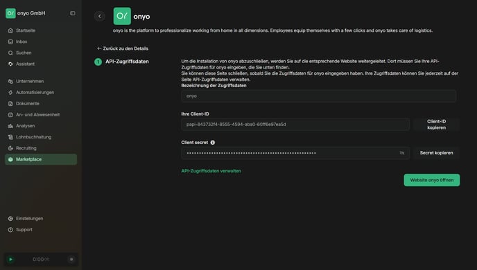 Personio, generierte Client-ID und Client secret mit Kopier-Buttons