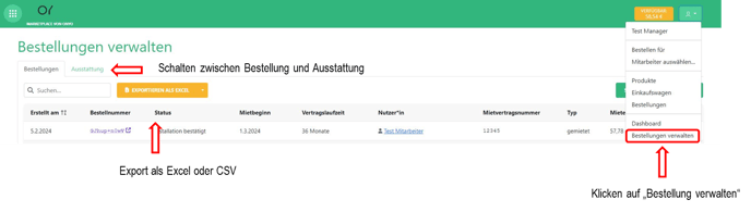 Übersicht Bestellung/Ausstattung